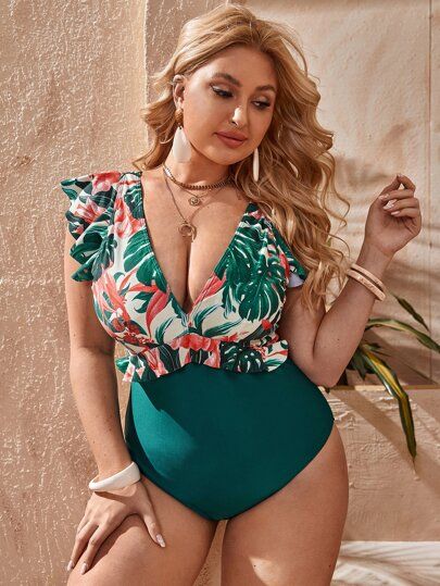 Plus Tropical Ruffle One Piece Swimsuit | SHEIN