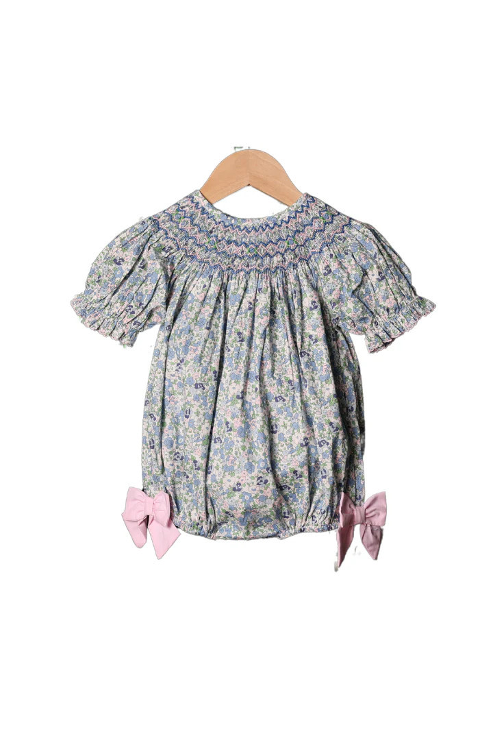 Smocked Heirloom Blue and Pink Floral Short Sleeve Bubble | The Smocked Flamingo