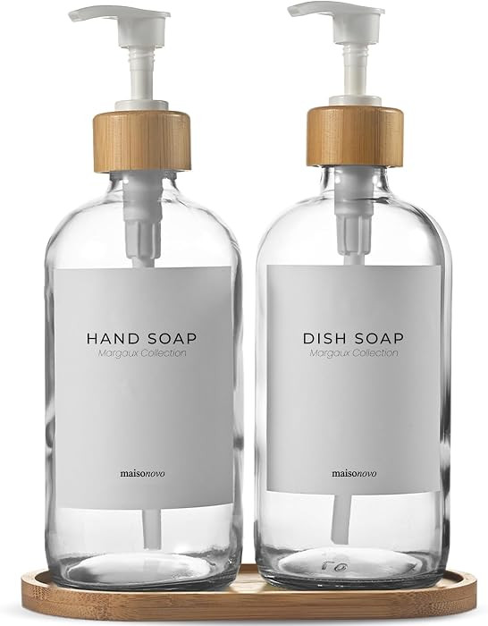 Maisonovo Dish Soap Dispenser Set - Clear Soap Dispenser White Bamboo Pumps | Amazon (US)