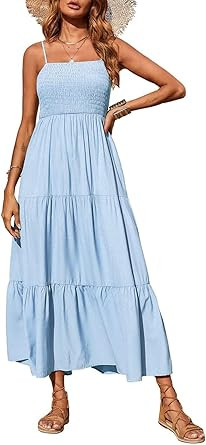 PRETTYGARDEN Women's Summer Maxi Dress 2026 Casual Boho Sleeveless Spaghetti Strap Smocked Tiered... | Amazon (US)
