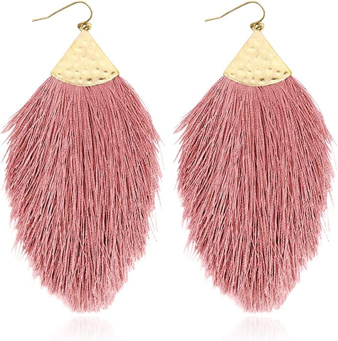 Bohemian Silky Thread Fan Fringe Tassel Statement Earrings - Lightweight Strand Feather Shape Dan... | Amazon (US)