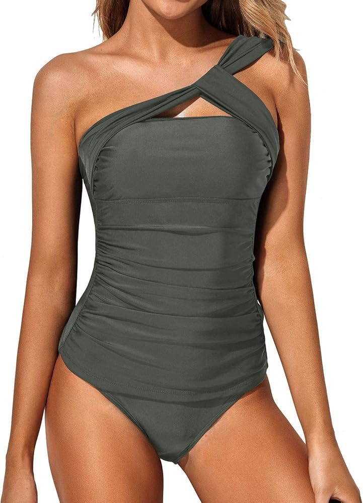 Women Tankini Ruched One Shoulder Tummy Control Top with Shorts Two Piece Swimsuits | Amazon (US)
