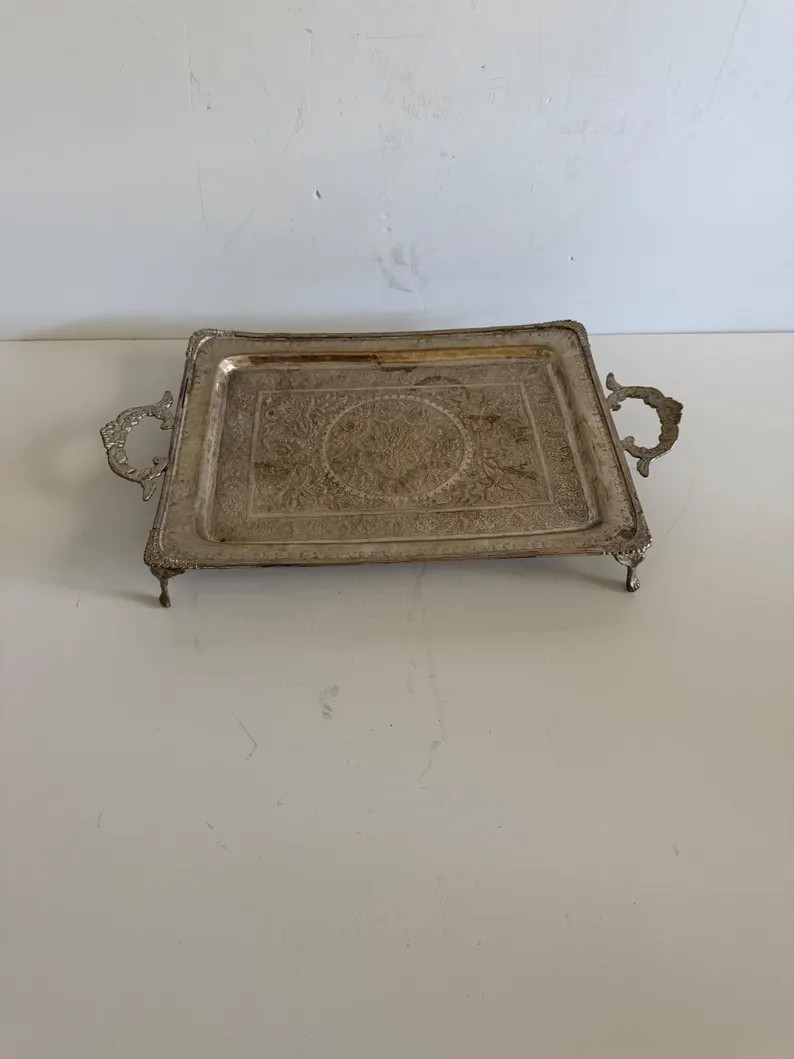 Vintage Silverplate Footed Serving Tray, Ornate Handled Gallery Tray, Victorian Style Silver Tone... | Etsy (Global)