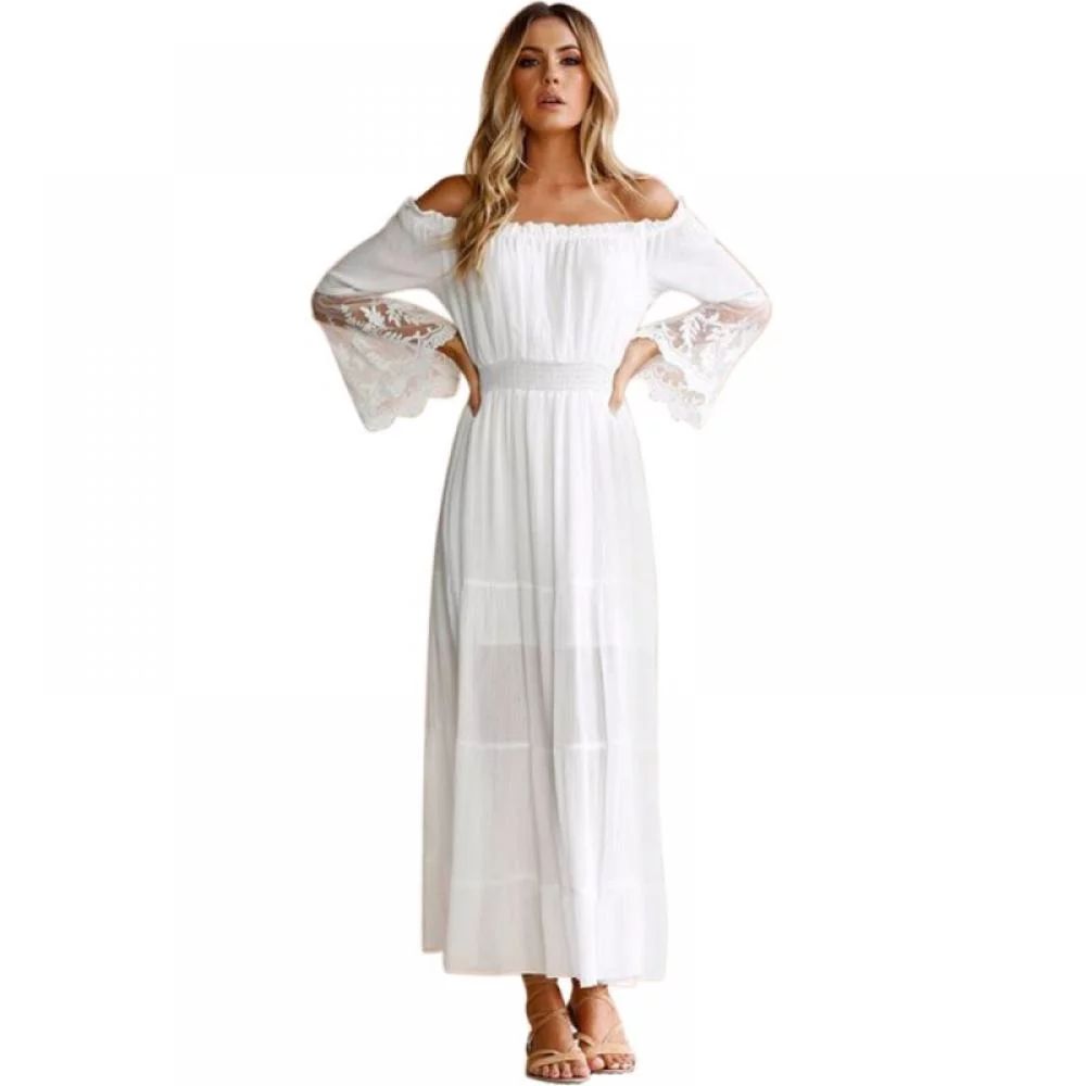 Women Sexy Lace Patchwork Maxi Long Dress Slash Neck Off Shoulder Flare Sleeve Beach Party White ... | Walmart (US)