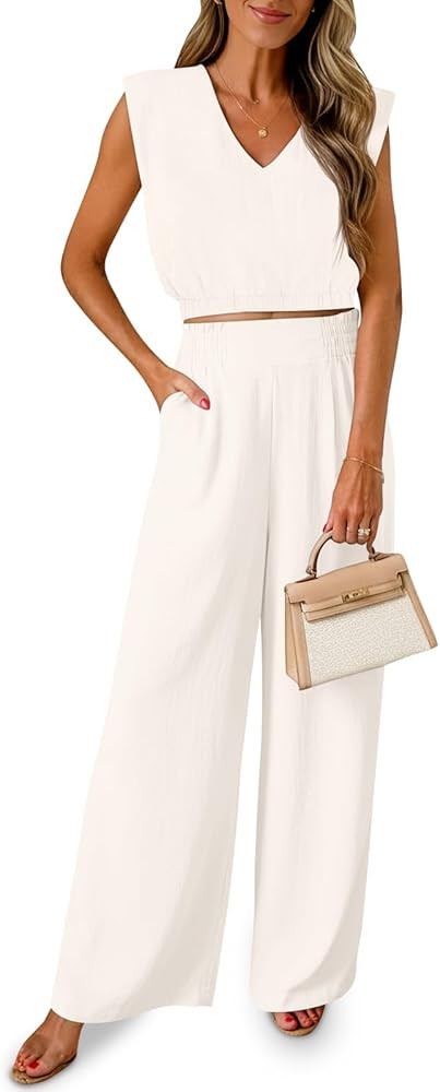 Fisoew Women's 2 Piece Outfits Summer Linen Lounge Sets Sleeveless v Neck Crop Top Wide Leg Pants... | Amazon (US)