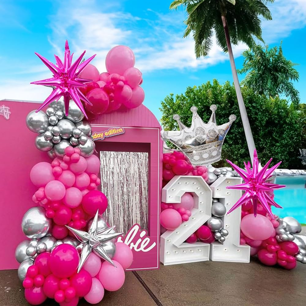 Pink Balloon Arch Kit Hot Pink Rose Ligh Pink Silver Foil Crown Balloon Garland For Barbie Party ... | Amazon (US)