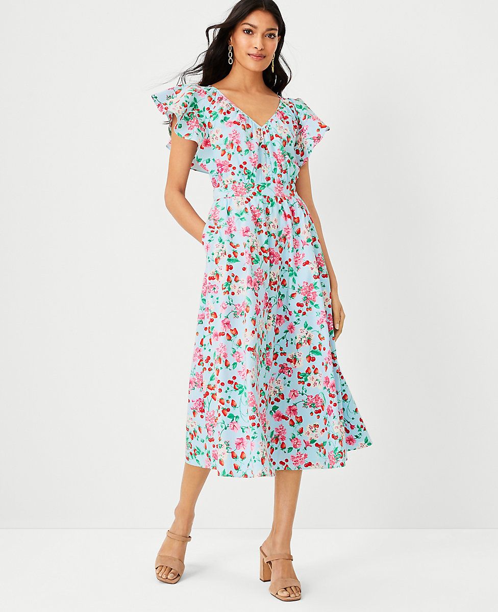 Petite Floral Flutter Sleeve Flare Dress | Ann Taylor (US)