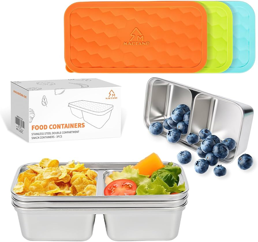 MACTANO 3 Pack Stainless Steel Snack Containers, 15 OZ Double Compartment Reusable Snackle Box wi... | Amazon (US)