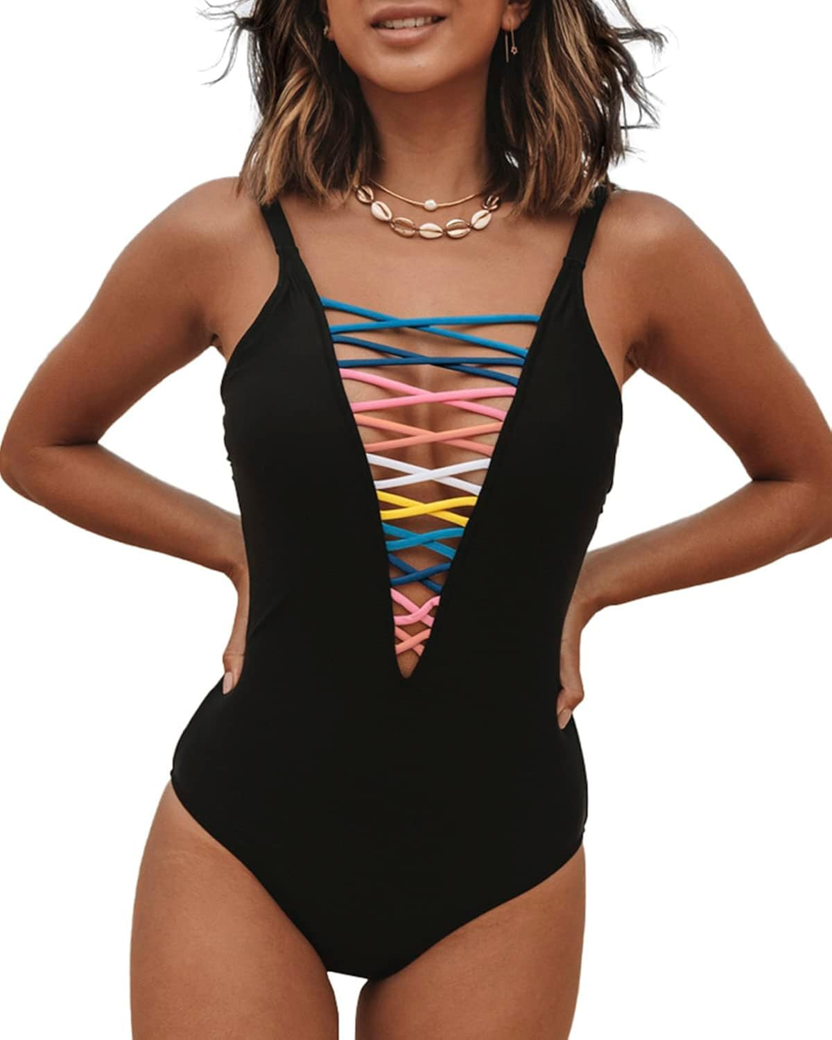 Roselychic One Piece Bathing Suit for Women Plunge Deep V Neck Bathing Suits Swimsuit | Amazon (US)