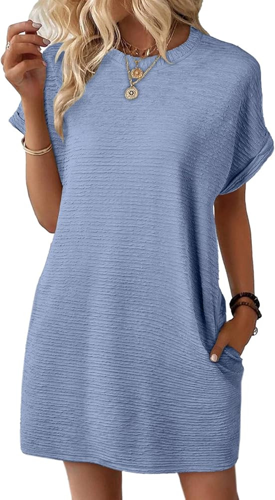 EVALESS Womens Summer Dresses Fashion 2025 Short Sleeve Spring Mini Dress Crewneck Solid Casual B... | Amazon (US)