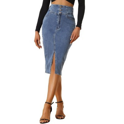 Allegra K Women's High Waist Split Hem Pencil Midi Casual Denim Skirt Blue Small | Target