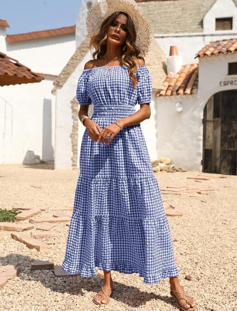 BTFBM Women Casual Short Sleeve Plaid Maxi Dresses Off Shoulder Vintage Dress Square Neck Gingham Be | Amazon (US)
