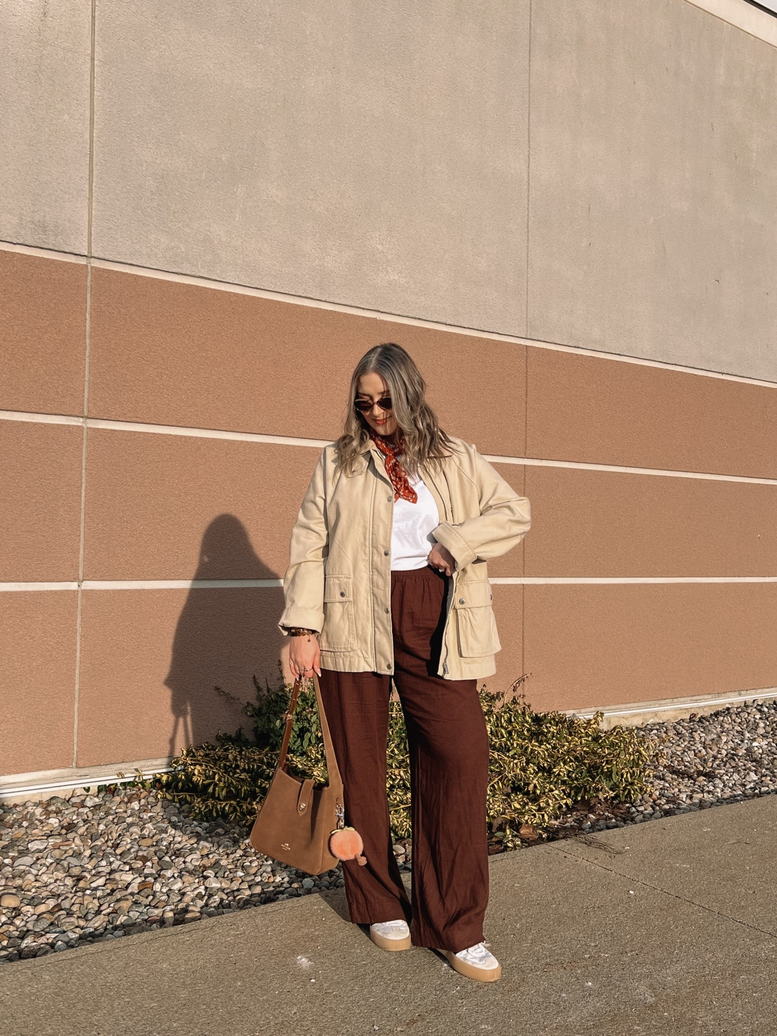 Casual spring outfit! Wearing L tall in the brown linen pants (Canadian link under “similar products”). Barn jacket is old, linked similar. Wearing L in the white tee. Adidas sambae sneakers are super comfy but run a little big, I’m a 9.5-10 and wear a 9. Linked similar bandanas

#LTKmidsize #LTKsale #LTKstyletip