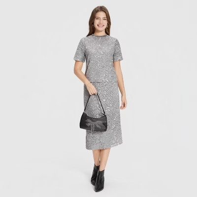 Women's Short Sleeve Slim Fit Sequin T-Shirt - A New Day™ Gray XS | Target