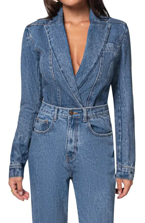 JLUXLABEL Dominica Denim Blazer Bodysuit in Medium Wash at Nordstrom, Size Small | Nordstrom