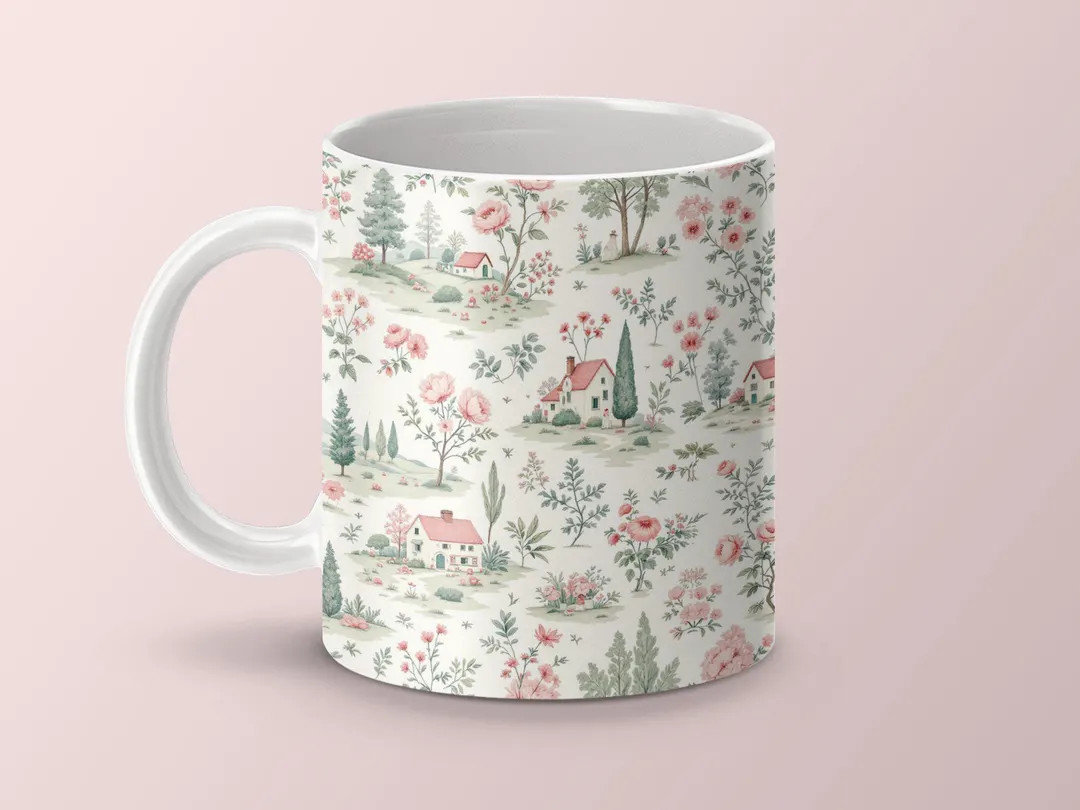 Vintage Toile De Jouy Mug, Homestead Scene Design Mug, Pink and Green Patterned Mug, Countryside ... | Etsy (US)