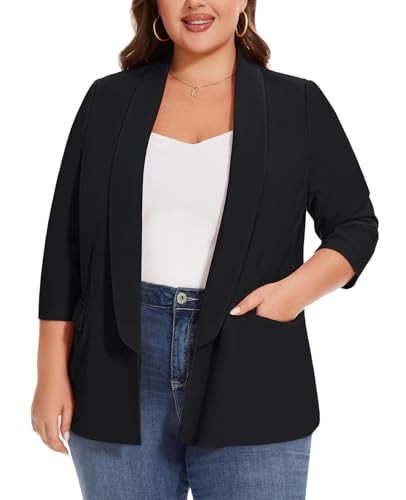 MINTLIMIT Womens Plus Size Blazer Casual Formal Shawl Collar Open Front Jacket Suits 3/4 Sleeve Lightweigth Summer Blazer with Pocket (XL-5XL) Black | Amazon (US)