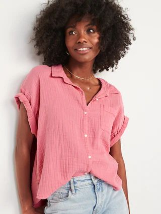Short-Sleeve Crinkled Button-Down Shirt for Women | Old Navy (US)