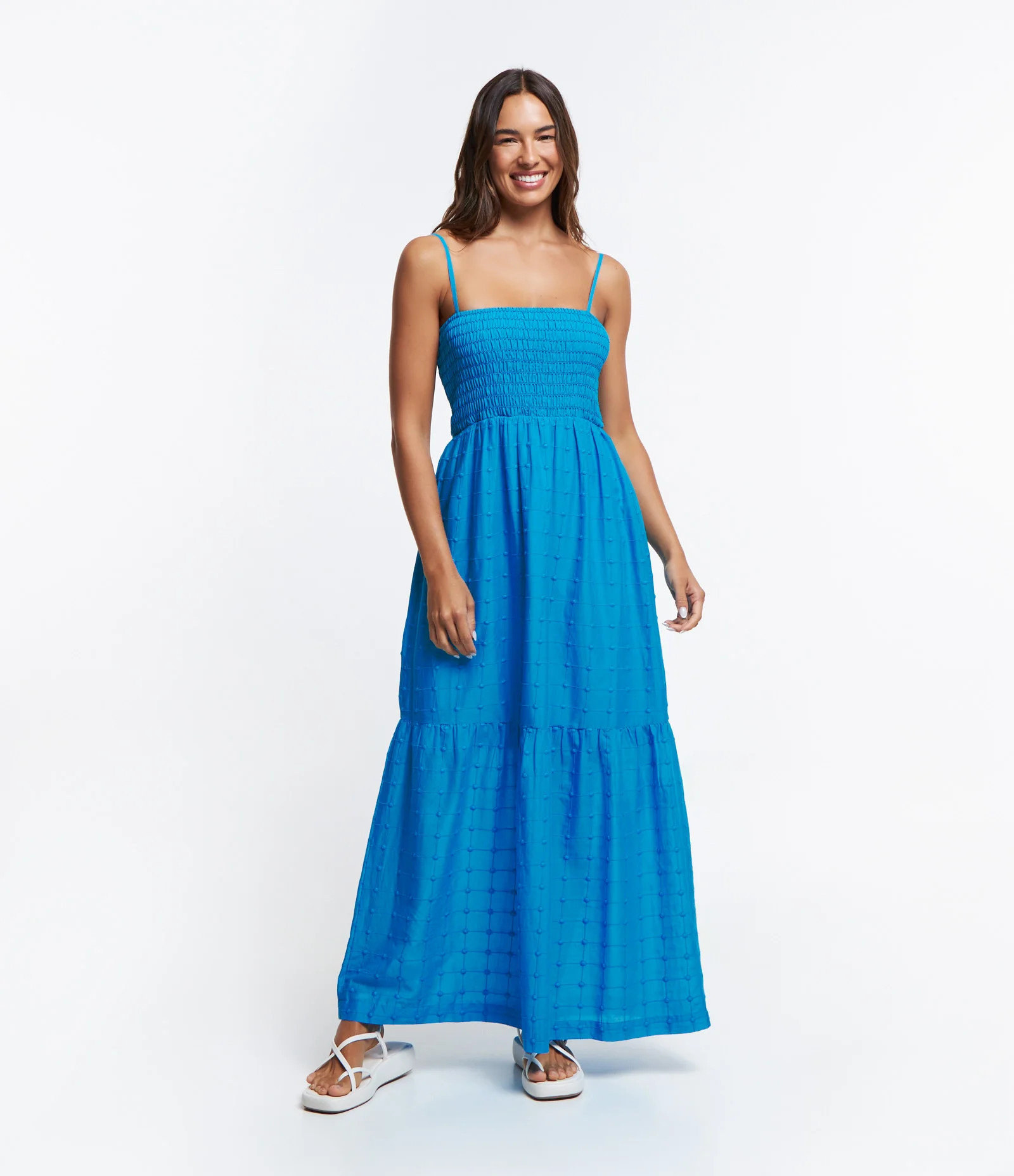 Vestido New Midi em Tricoline com Corpo em Lastex e Babados na Saia Azul | Renner (BR)