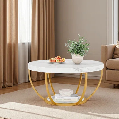 Modern Round Coffee Table, 31.7" 2 Tier Coffee Table With Faux White And Legs, Circle Center Table Tea Table Accent Furniture For Living Room | Wayfair North America