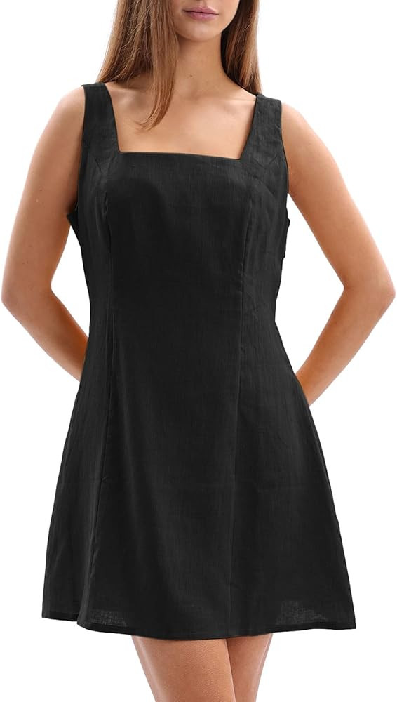 Amazhiyu Women's 100% Linen Summer Square Neck Mini Tank Dresses Sleeveless Casual | Amazon (US)