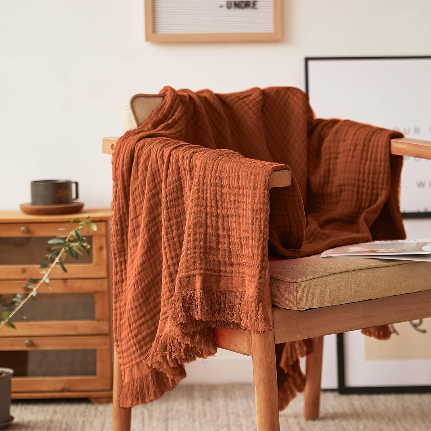Simple&Opulence Cotton Muslin Throw Blanket for Bed, Couch, Knit Woven Gauze Blanket with Tassels, Soft Lightweight Cozy Pre-Washed Breathable Farmhouse Decoration for All-Season (Rust Orange) | Amazon (US)