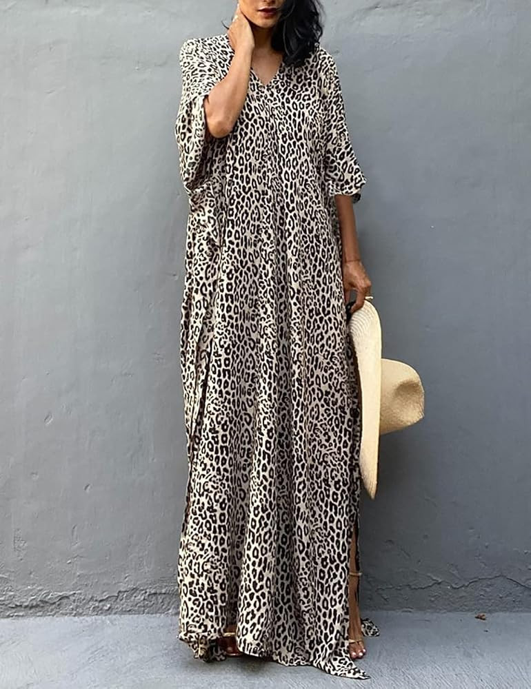 Bsubseach Beach Kaftan Dresses Cheetah Long Rayon Caftan Swim Cover Up Muumuu Animal Dress Oversi... | Amazon (US)