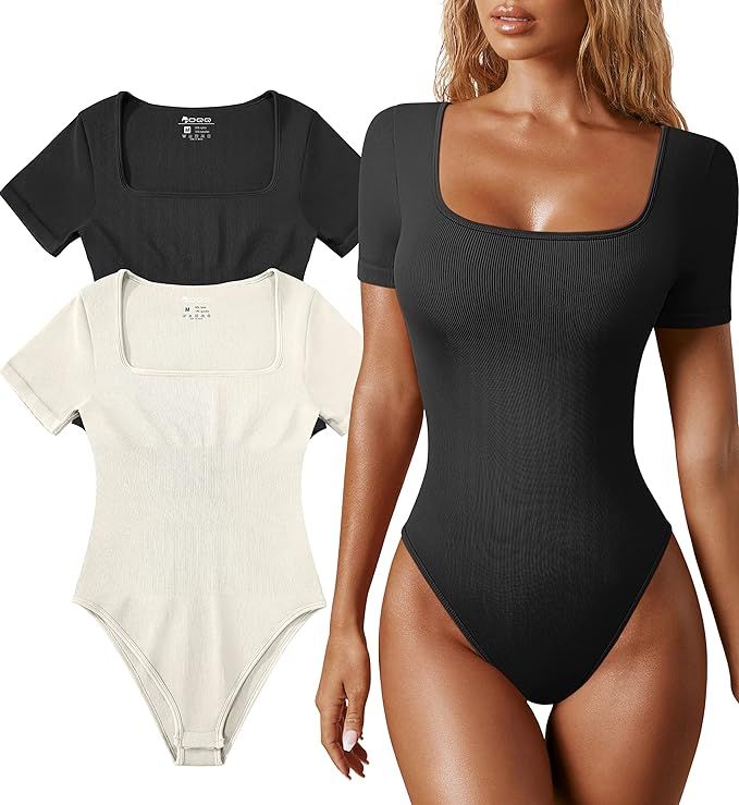 OQQ Women's 2 Piece Bodysuits Sexy Ribbed One Piece Square Neck Short Sleeve Bodysuits | Amazon (US)