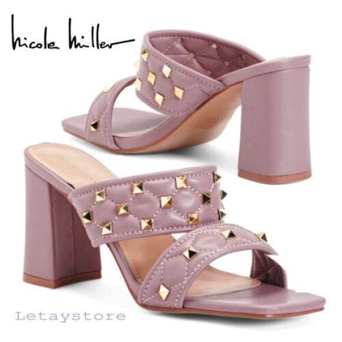 NWT Nicole Miller Quilted Studded Square Toe Block Heel Slide-on Sandals 6.5 - 9 | eBay US