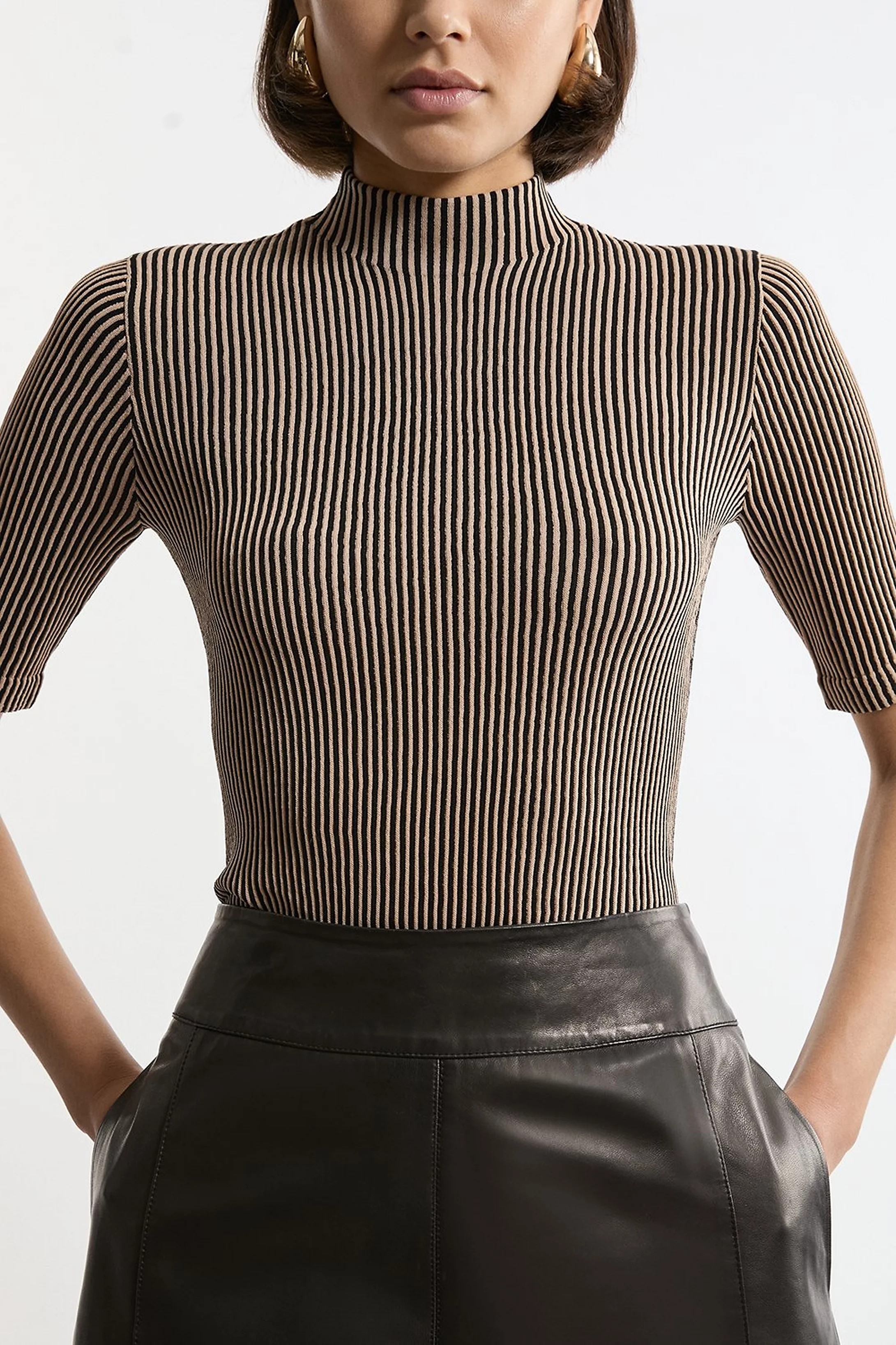 Stripe Funnel Neck Short Sleeve Knit Tee | Karen Millen | Karen Millen UK + IE + DE + NL