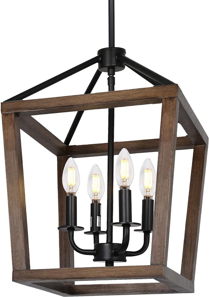4-Light Rustic Chandelier, Adjustable Height Lantern Pendant Light with Oak Wood and Iron Finish,... | Amazon (US)