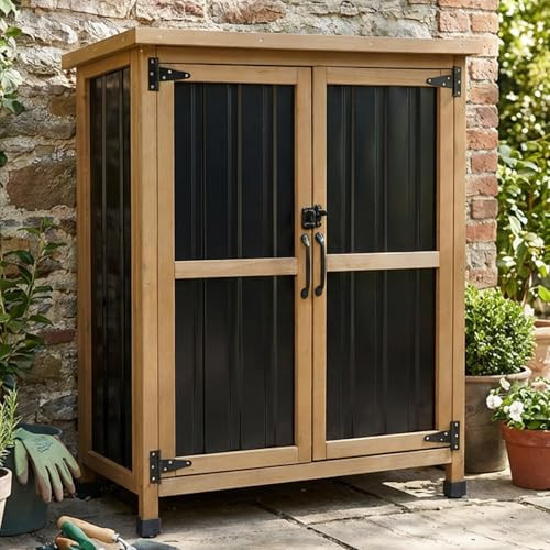 Small Outdoor Storage Cabinet Waterproof, Wood & Metal Storage Shed with Lockable Doors & Adjustable Shelves, Vertical Outdoor Cabinets for Patio Backyard,Garden Tool Shed and Accessories, Brown | Amazon (US)