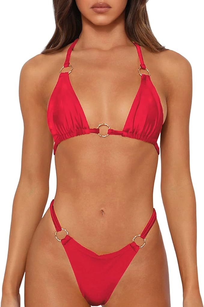 Sexy Bikinis for Women 2 Piece Bikini Spaghetti Strap Swimsuits Solid Color Bathing Swimwear Tria... | Amazon (US)