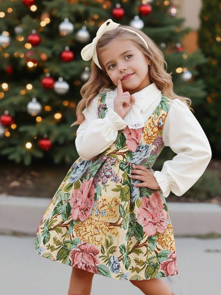 Young Girl Woven Solid Color Patchwork Ditsy Floral Casual Dress Girls Spring Autumn French Style Dress Little Girl Floral Long Sleeve Party Dress Little Girls Winter Dresses Victorian Vintage Style Dresses For Little Girls | SHEIN