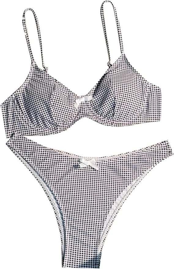 Women's 2 Piece Y2K Gingham Bow Front Bikini Set Underwire Bikini Thong Swimsuit High Waisted Bat... | Amazon (US)