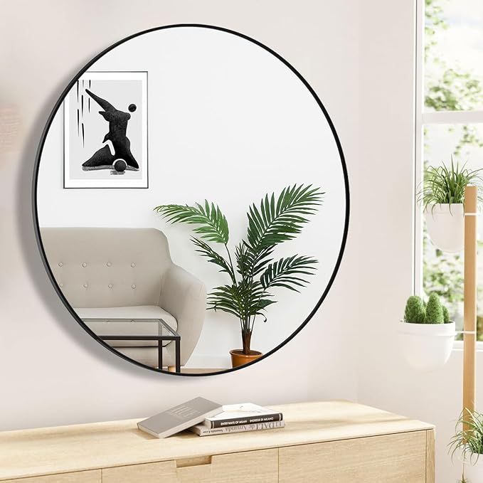 Large Round Mirror 39 in Bathroom Mirror Black Metal Frame Mirror Modern Vanity Mirror Circle Mir... | Amazon (US)