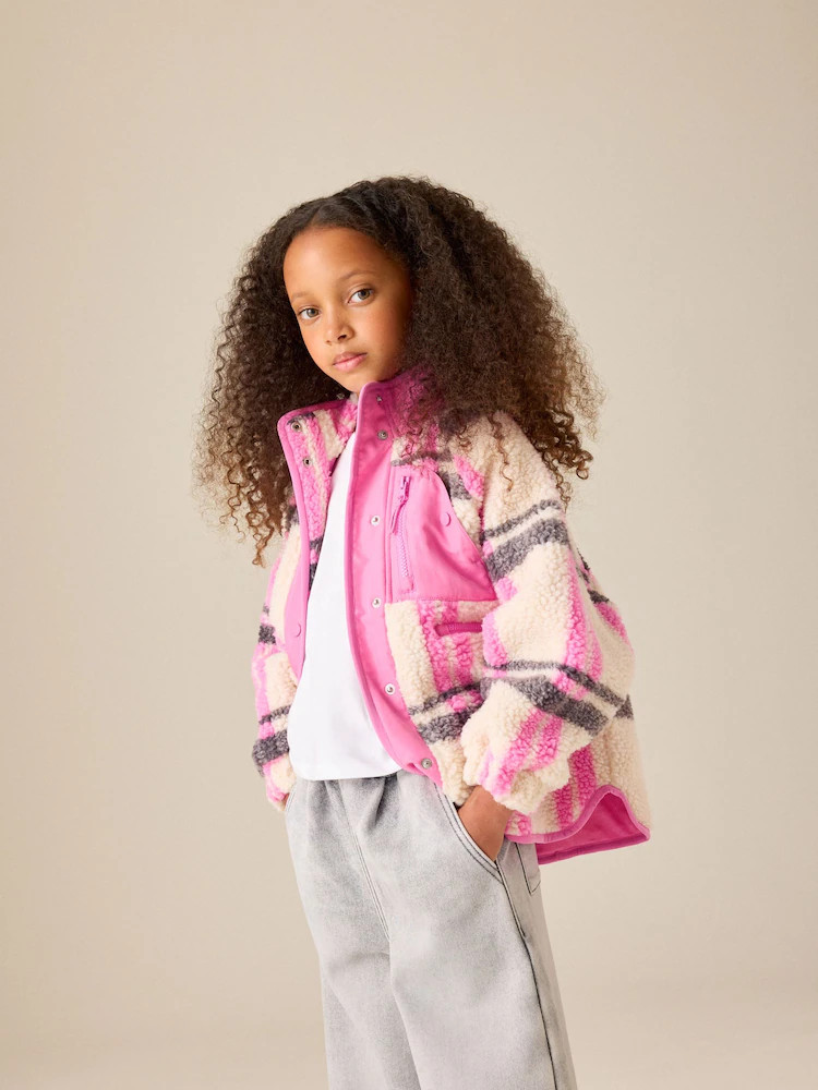 Ecru/Pink Check Button Up Borg Jacket (3-16yrs) | Next US