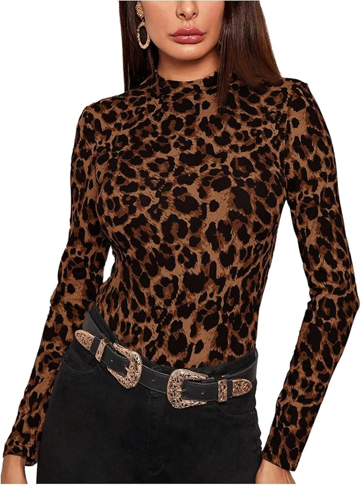 Floerns Women's Long Sleeve Mock Neck Slim Snakeskin T-Shirt Tops | Amazon (US)