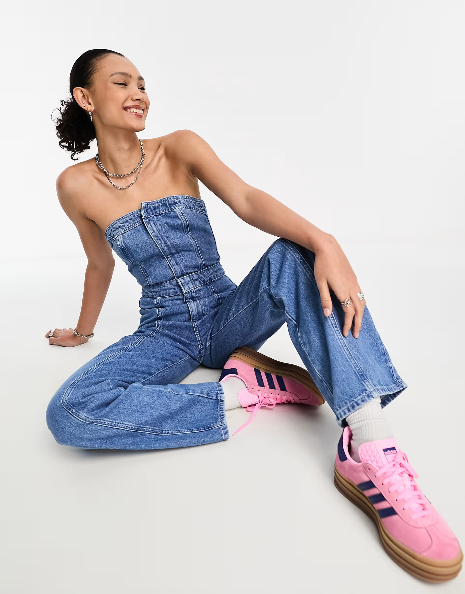 ASOS DESIGN strapless denim jumpsuit in mid blue | ASOS (Global)