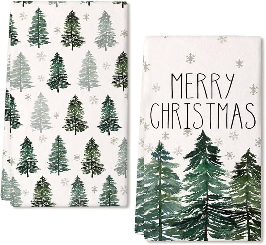 Merry Christmas Kitchen Towels Set of 2,Green Xmas Tree Snowflake Dish Hand Towels Holiday Home I... | Amazon (US)