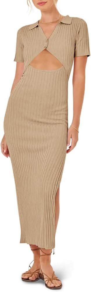 Fisoew Womens Sexy Cutout Dress Summer V Neck Short Sleeve Knitted Ribbed Side Split Bodycon Midi... | Amazon (US)