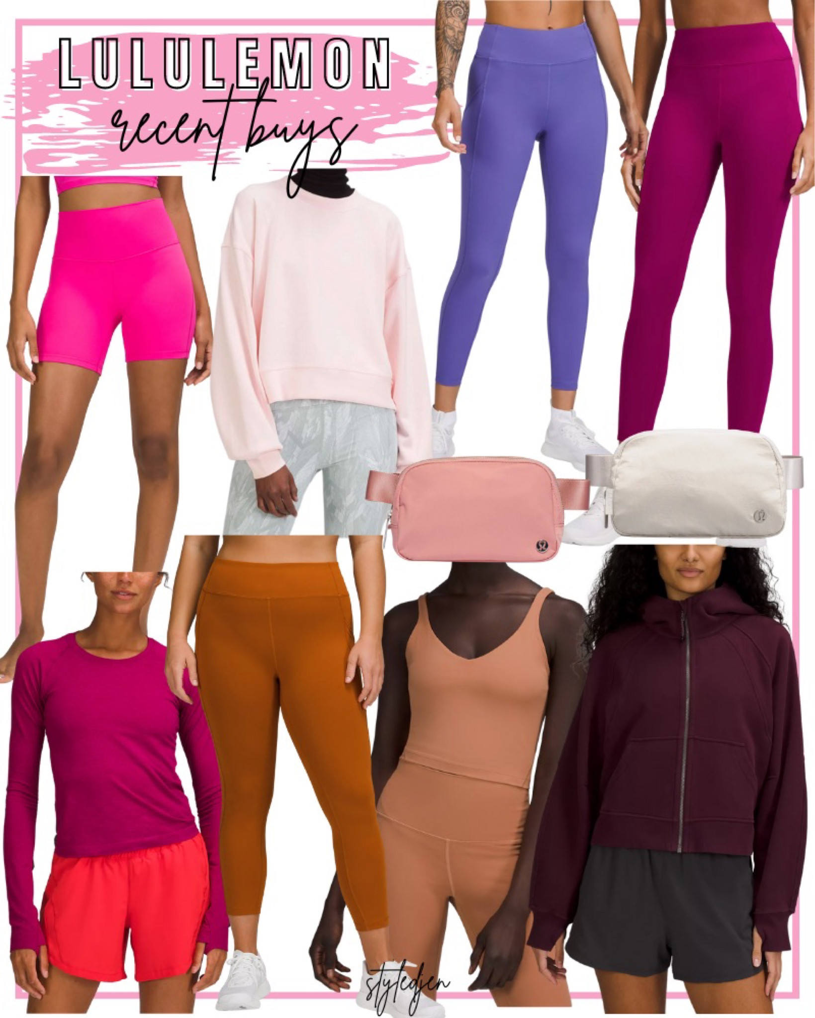 Lululemon recent buys - scuba zip hoodie in cassis, invigorate leggings in magenta purple, butternut brown and charged indigo, swiftly in magenta purple, align tank in dusty clay, POCC in strawberry milkshake, EBB in white opal and pastel pink, align shorts in sonic pink



#LTKunder100 #LTKfit #LTKSeasonal