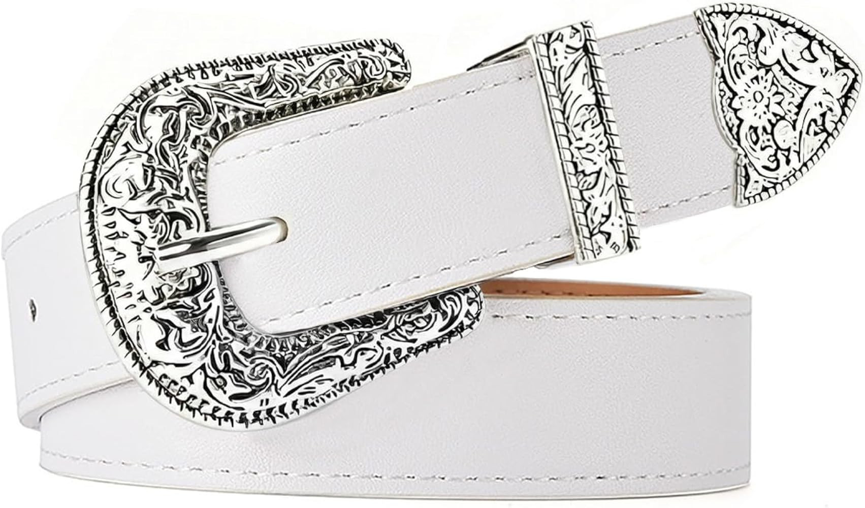 Western Cowboy Cowgirl Belt for Women, Engraved Buckle PU Leather Belt for Jeans & Dresses, 1.1" ... | Amazon (US)