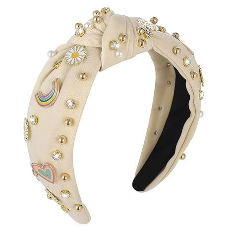 Boho Rainbow Daisy Headband - Pearl Knotted Twist Headpiece for Women & Girls, Beige, Sparkly Cry... | Amazon (US)