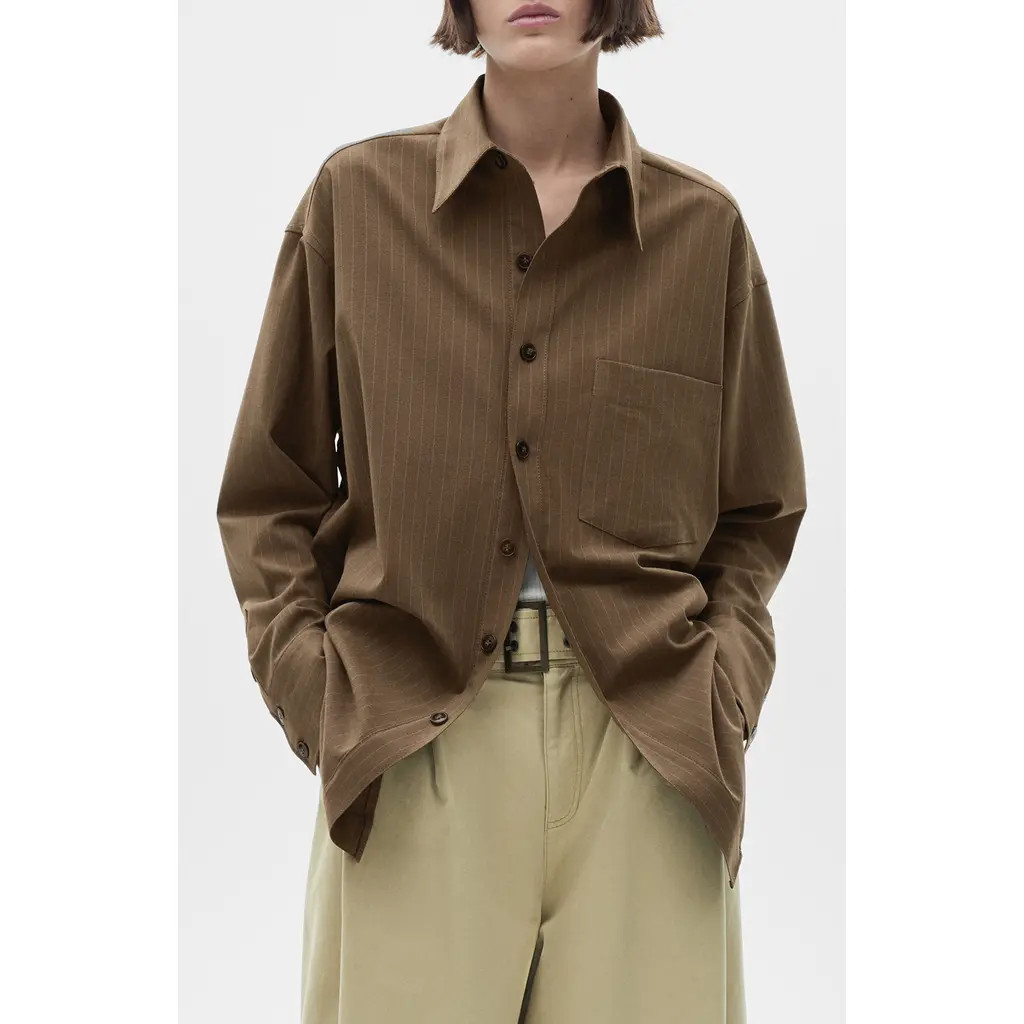 MANGO Pinstripe Oversize Button-Up Shirt in Olive Green at Nordstrom, Size 4 | Nordstrom