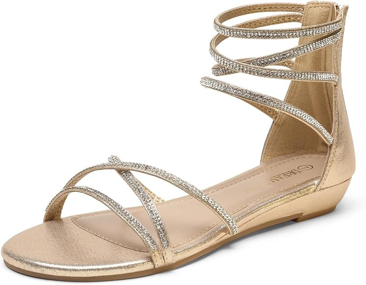 DREAM PAIRS Women's Ankle Strap Flat Sandals Summer Dressy Strappy Gladiator Rhinestones Sandals | Amazon (US)