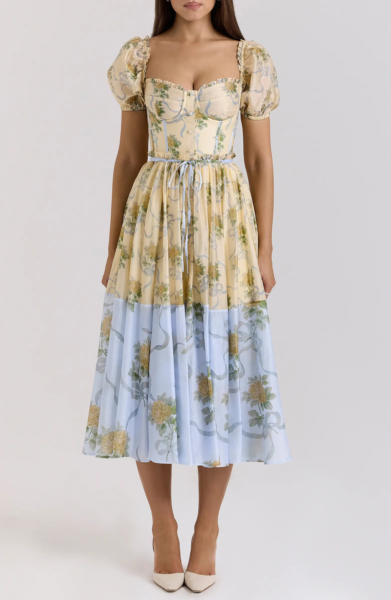 Penelope Floral Puff Sleeve Corset Chiffon Midi Dress | Nordstrom