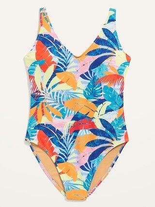 Voop-Neck Printed One-Piece Swimsuit for Women | Old Navy (US)