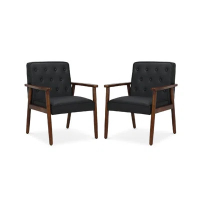 Chairs Set Of 2, Mid Century Modern PU Leather Reading Arm Chairs With Wooden Armrest And Legs, Comfy Upholstered Armchairs For Living Room, Bedroom, | Wayfair North America