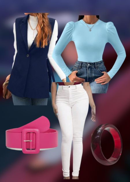 Mulan Disney Bound | Shein outfit | navy blue sleeveless blazer vest | baby blue long sleeve | white pants | office outfit | pink cinch belt

#LTKstyletip #LTKworkwear #LTKsalealert